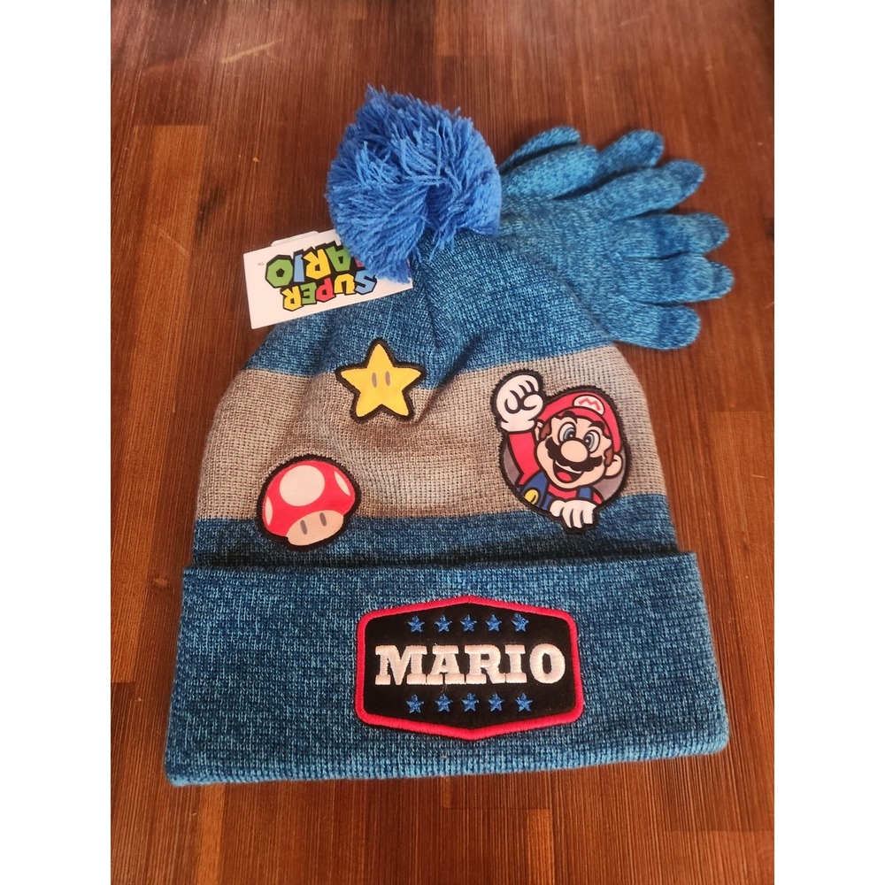 Super‎ Mario Embroidered Mario with Patches Cuffed Pom Beanie Hat Glove Set ZA1